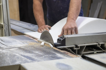 The craftsman cuts and adjusts the size of the acrylic sink with a circular sawの写真素材