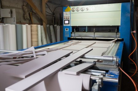 Grinding of wooden furniture panels on a machine. Furniture production conceptの写真素材