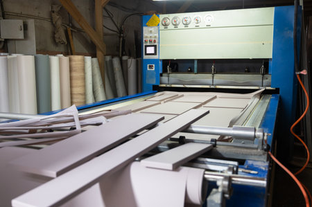 Grinding of wooden furniture panels on a machine. Furniture production conceptの写真素材