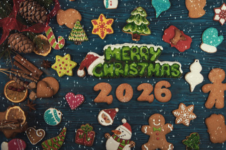 Colorful Christmas cookies shaped like snowmen, trees, stars, and gingerbread surround the text...