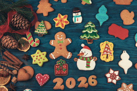 Colorful Christmas cookies shaped like snowmen, trees, stars, and gingerbread surround the text...