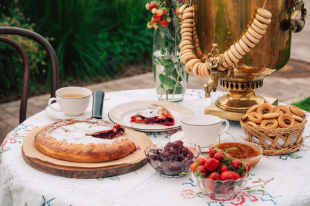 A rustic tea setting with golden samovar, fresh strawberries, jam, pie, and bagels arranged on an embroidered tablecloth outdoors.の写真素材