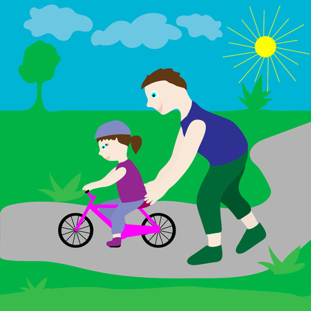 Dad with his daughter and a bicycle. Dad teaches girl to ride a bike.のイラスト素材