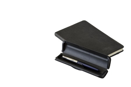Dark notebook and pen case isolated on white background