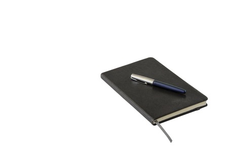 Dark notebook and pen case isolated on white backgroundの写真素材