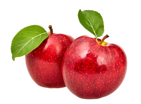 Two red apples with leavesの写真素材