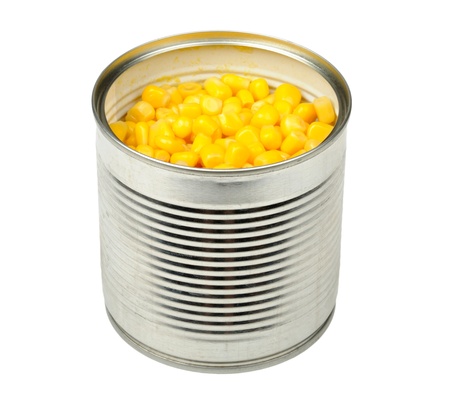 canned corn in a can is isolated on a white backgroundの写真素材