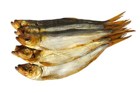 smoked sprat isolated on a white backgroundの写真素材