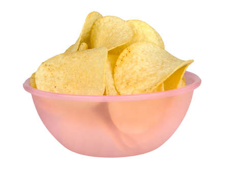 potato chips with spices in a bowl isolated on white backgroundの写真素材