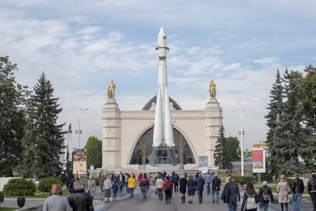 Rocket Vostok on in front of the pavilion Cosmos. Exhibition Center, Moscow, Russia, October 7, 2018のeditorial素材