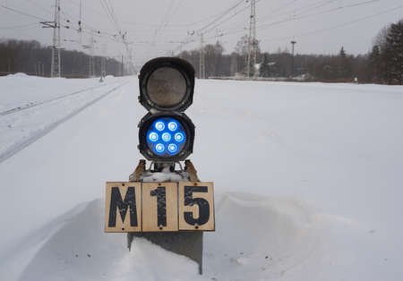 Railway traffic light signaling, Russia, Tula region, Shulgino railway station 02/13/2021のeditorial素材