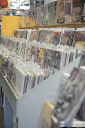 Vinyl records on rack of music store