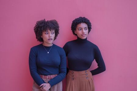 Portrait of two ladies with curly against colorful wallの写真素材