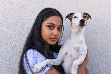 Close up portrait of woman and her dog