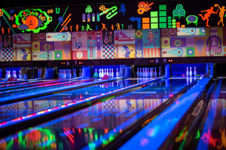 Colorful tenpin bowling alley shot at nightの写真素材