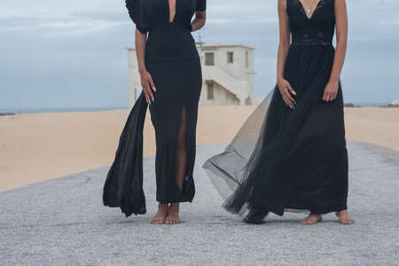 Cropped shot of two stylish woman standing on pathwayの写真素材