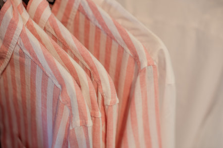 Close up shot of shirts hanging on railing
