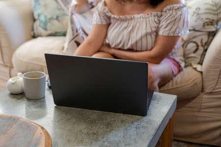 Cropped midsection shot of woman using laptop