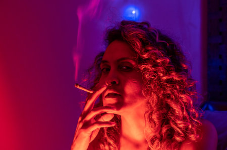 Woman seen smoking a cannabis jointの写真素材