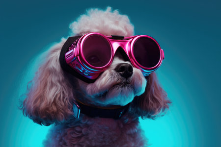 Cute poodle dog with goggles and a mask on blue backgroundの素材