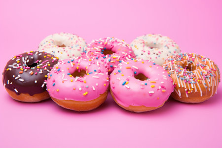 Selection of donuts against pink backgroundの写真素材