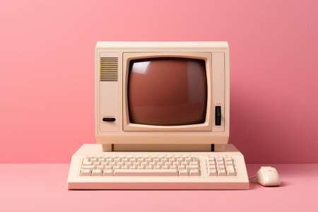 Retro computer on a pink background. 3d render illustration.の素材