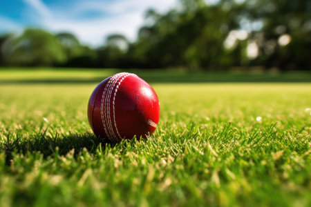 Cricket ball seen on green lawの写真素材