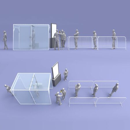 3d illustration disinfection chambers and manual check thermal gun for clean people from virus corona with blank banner information. High resolution image isolatedの写真素材