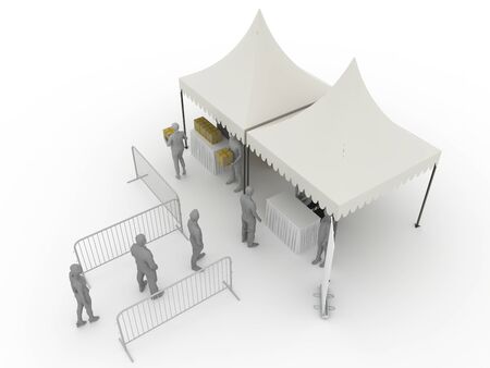 3d illustration distribution boxes food stuff with sarnafil tent for registration and metal barrier social distanceの写真素材
