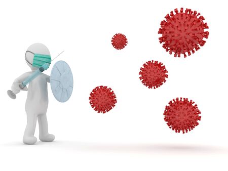 3d illustration stickman fighting against virus with face mask holding syringe and shield for medical banner white background isolated.の写真素材