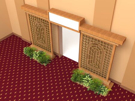 d illustration gate entrance wooden window wing decoration with plantation and blank space logo company for event seminar meeting.の写真素材