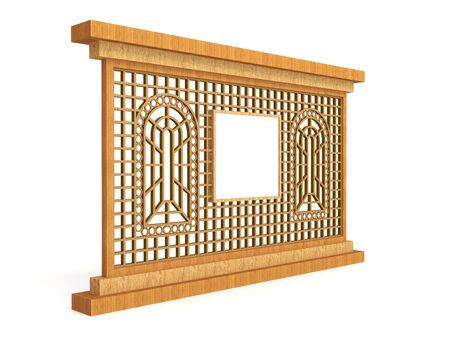 3d illustration backdrop wood cutting ornament window with blank space for banner information white background isolatedの写真素材