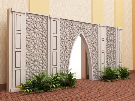 3d illustration gate entrance islamic ornament with plantation.の写真素材
