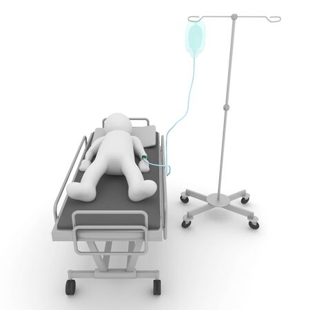 3d illustration stickman character sick on the bed with dropper for healthy against coronavirus.の写真素材