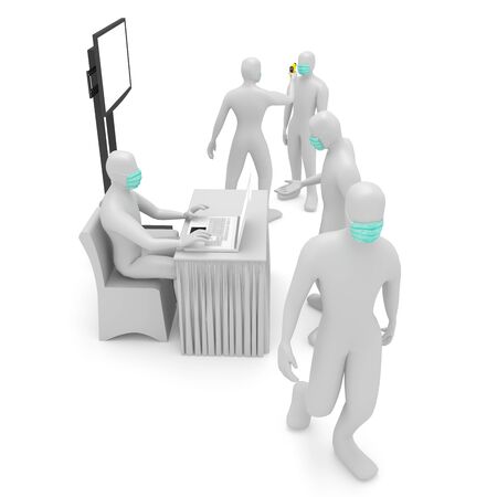 3d illustration stickman security healthy checking against virus corona with thermal gun and receptionist table for administration and blank standing portable LED TV information.の写真素材