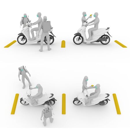 3d illustration stickman character security health checking for motorcycle for virus corona covid-19 with thermal gun and cleaning portable disinfectant spray.の写真素材