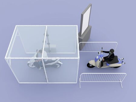 3d illustration disinfection chambers motorbike for clean people from virus corona with blank banner information.の写真素材