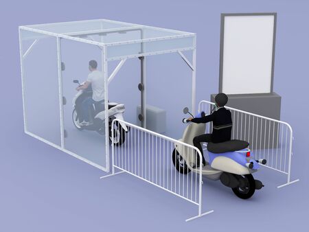 3d illustration disinfection chambers motorbike for clean people from virus corona with blank banner information.の写真素材