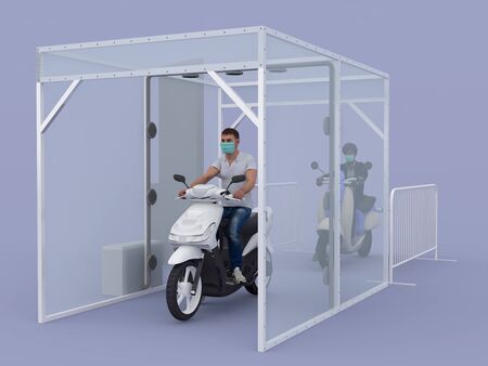 3d illustration disinfection chambers motorbike for clean people from virus corona with blank banner information.の写真素材