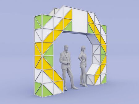 3d illustration gate entrance box style with stainless steel metal construction and blank space  company for event exhibition.の写真素材