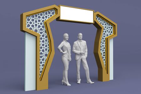 3d illustration gate entrance islamic ornament cutting wood with blank space logo company for event exhibition ramadan.の写真素材