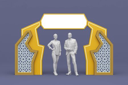 3d illustration gate entrance islamic ornament cutting wood with blank space logo company for event exhibition ramadan.の写真素材