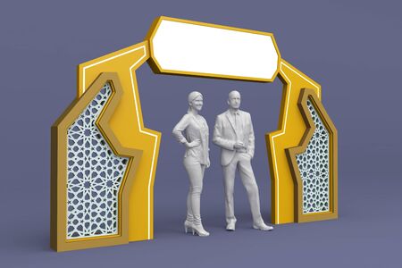 3d illustration gate entrance islamic ornament cutting wood with blank space logo company for event exhibition ramadan.の写真素材