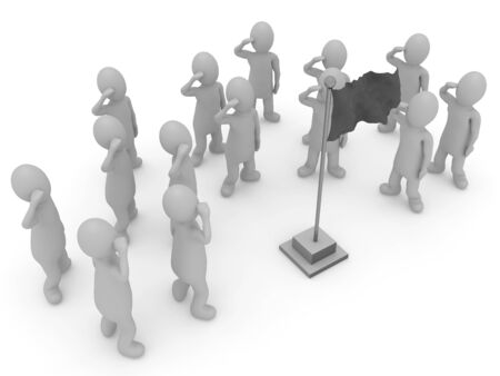 3d illustration stickman respect pose to blank waving flag white background isolated.の写真素材