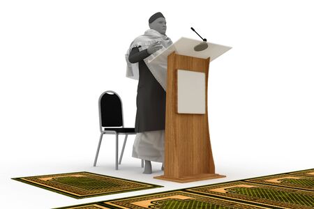 3d illustration moslem preacher with podium blank space logo company and carpet rug prayer for given information religion.の写真素材