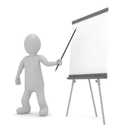 3d illustration stickman character doing presentation with portable white board and wand.の写真素材