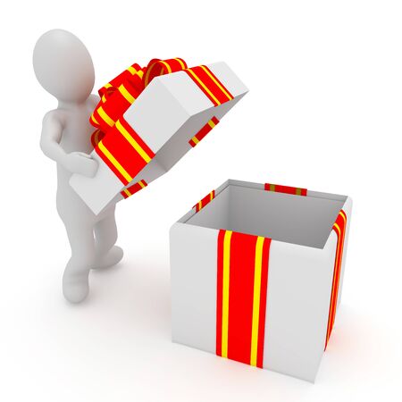 3d illustration stickman character open gift box pose white background isolated..の写真素材