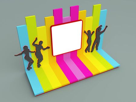 3d illustration stage blank LED screen backdrop colorful with people party silhouette for event exhibition background isolated.の写真素材