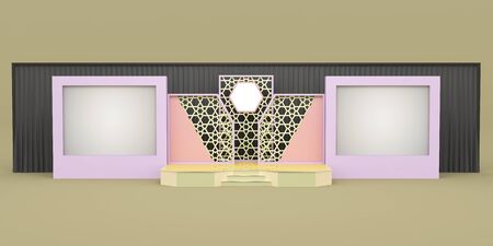 3d illustration stage backdrop islamic pattern with 2 screen black curtain and blank space logo company for event exhibition background isolated.の写真素材