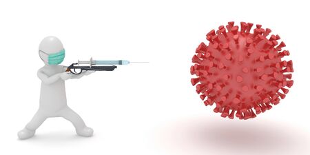3d illustration stickman character fight against virus corona covid-19 with crossbow syringe needle and face mask.の写真素材